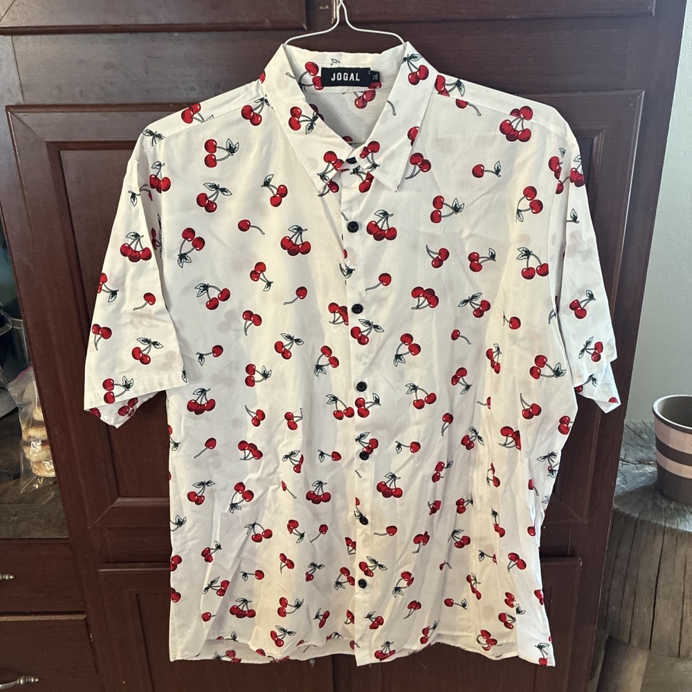 Jogal Men's Short Sleeve Button Up Cherry Print Collard White Shirt Size: XL - Picture 2 of 10